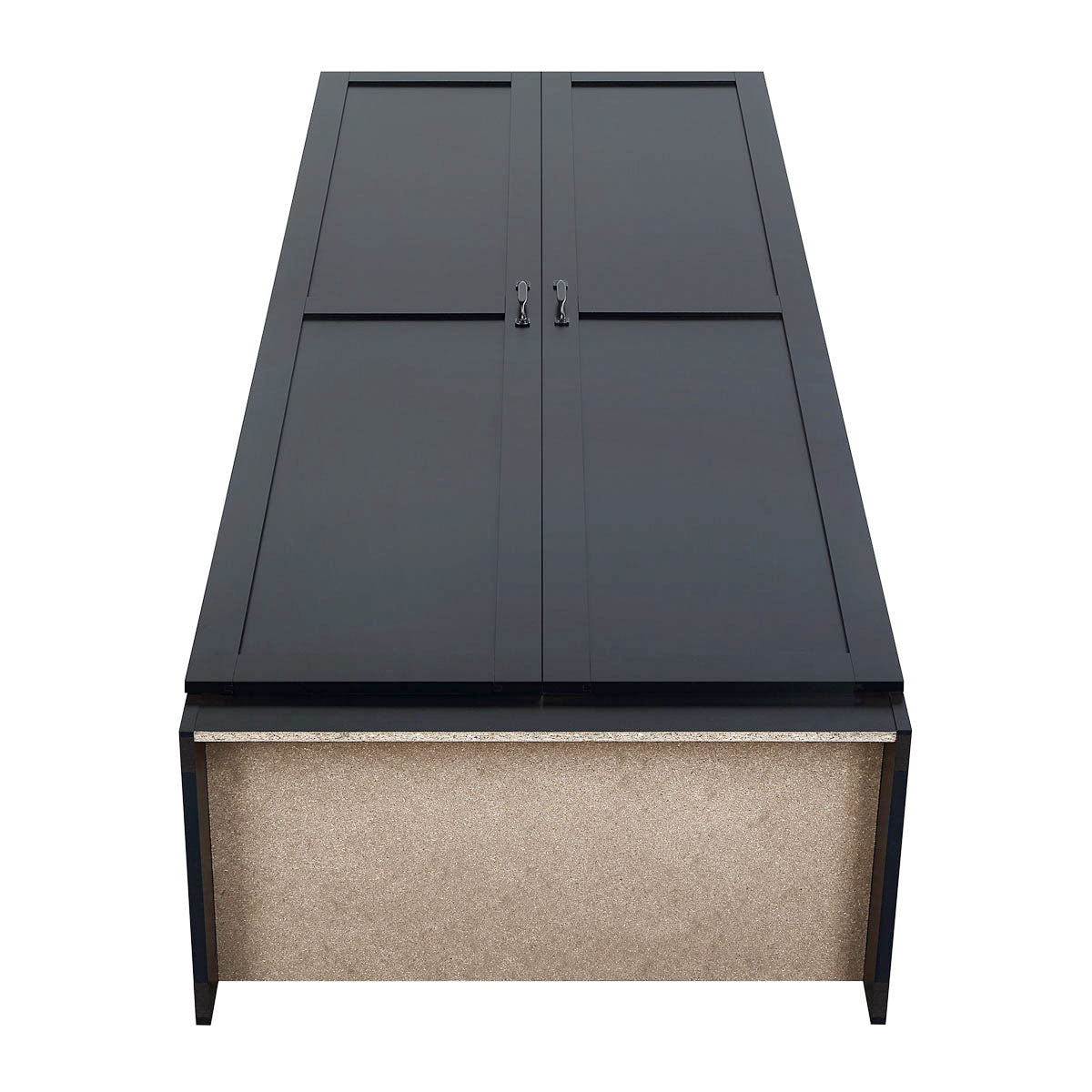 Tall Cabinets wood garage storage unit with black panel doors, metal handles, and exposed particleboard base__Black