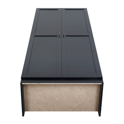 Tall Cabinets wood garage storage unit with black panel doors, metal handles, and exposed particleboard base__Black