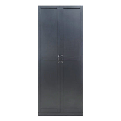 Tall Cabinets dark gray wood garage storage unit with 4 shelves, double doors, and silver handles__Black