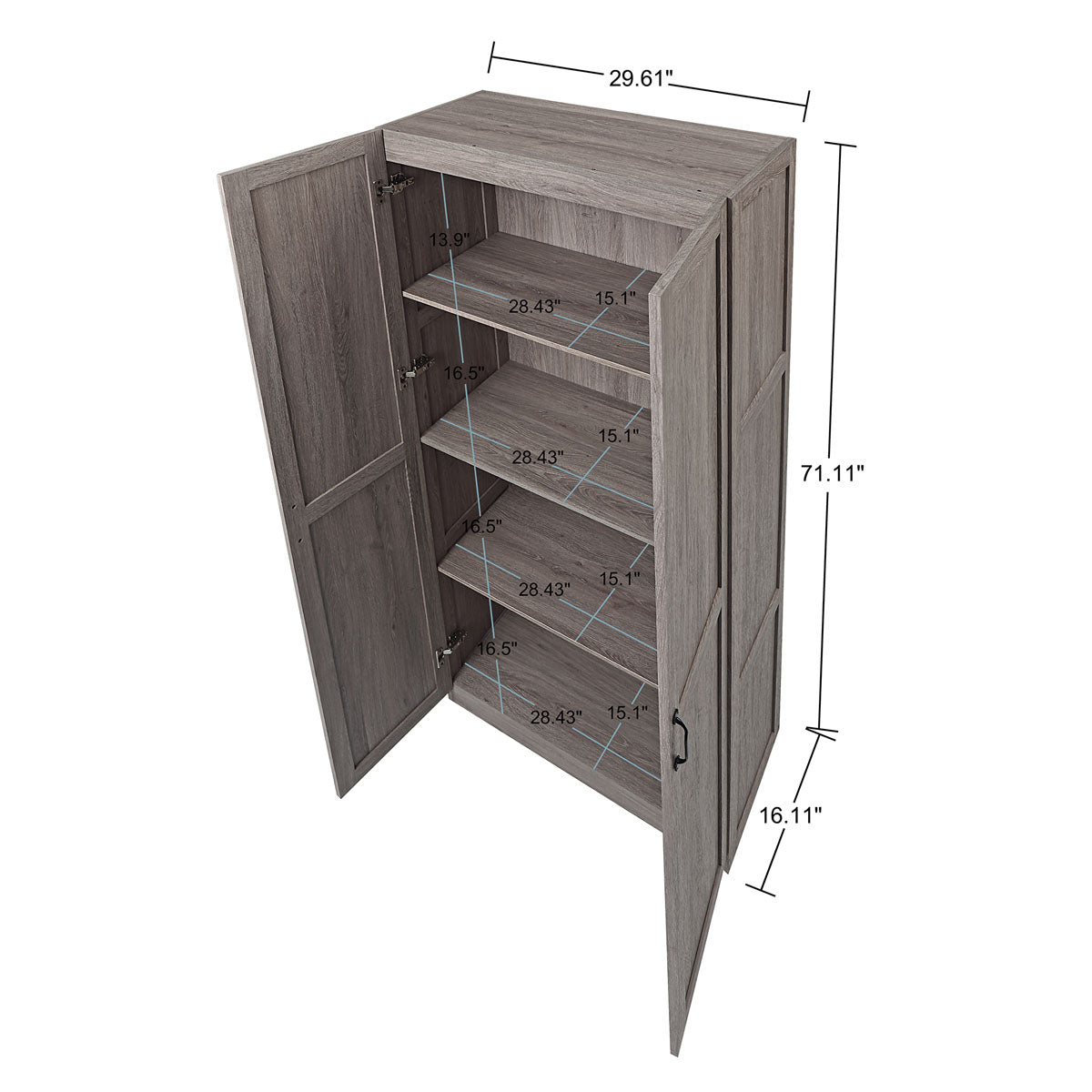Tall Cabinets wood garage storage unit with 4 angled shelves, double doors open, dimensions 29.61"W x 71.11"H x 16.11"D__Gray