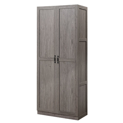 Tall Cabinet in gray oak finish with 2 doors, black handles, and 4 shelves for hidden garage storage__Gray