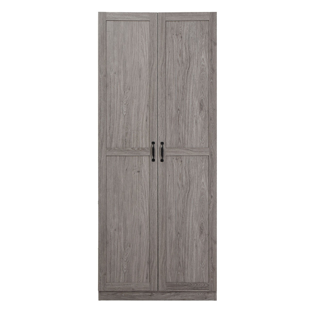 Tall Cabinet in gray wood finish with 2 doors, raised panel design, and black handles for garage hidden storage__Gray