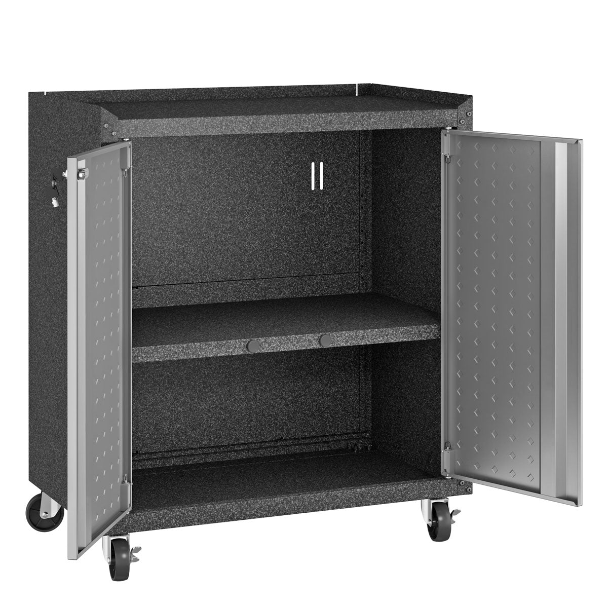Garage Cabinet Sets mobile storage unit with open double doors revealing two adjustable shelves, charcoal finish, locking casters__DarkGray