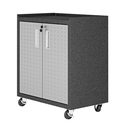MidHeight Cabinet on wheels with locking silver diamond-plate doors, dark gray textured finish, 30" rolling garage storage unit__DarkGray