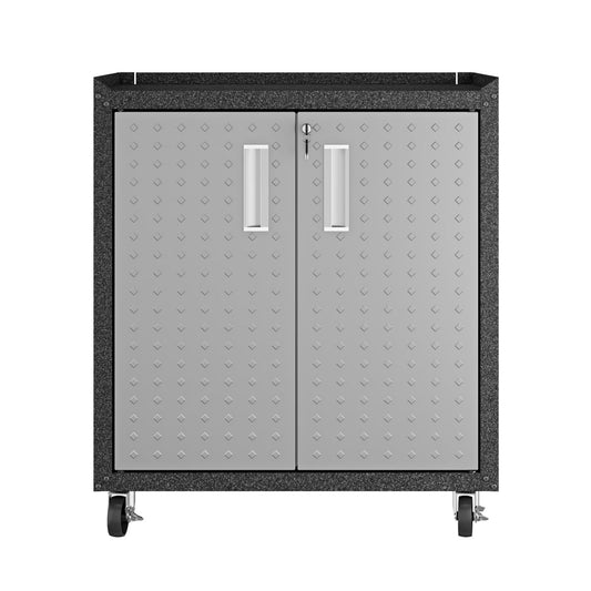 Garage Cabinet Sets mobile unit with locking double doors, diamond-plate steel finish, and heavy-duty caster wheels__DarkGray