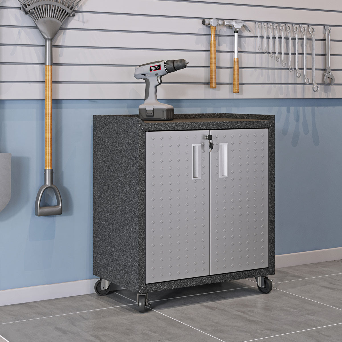 MidHeight Cabinet on wheels with diamond-plate doors, drill on top, organized garage wall with tools in background__DarkGray