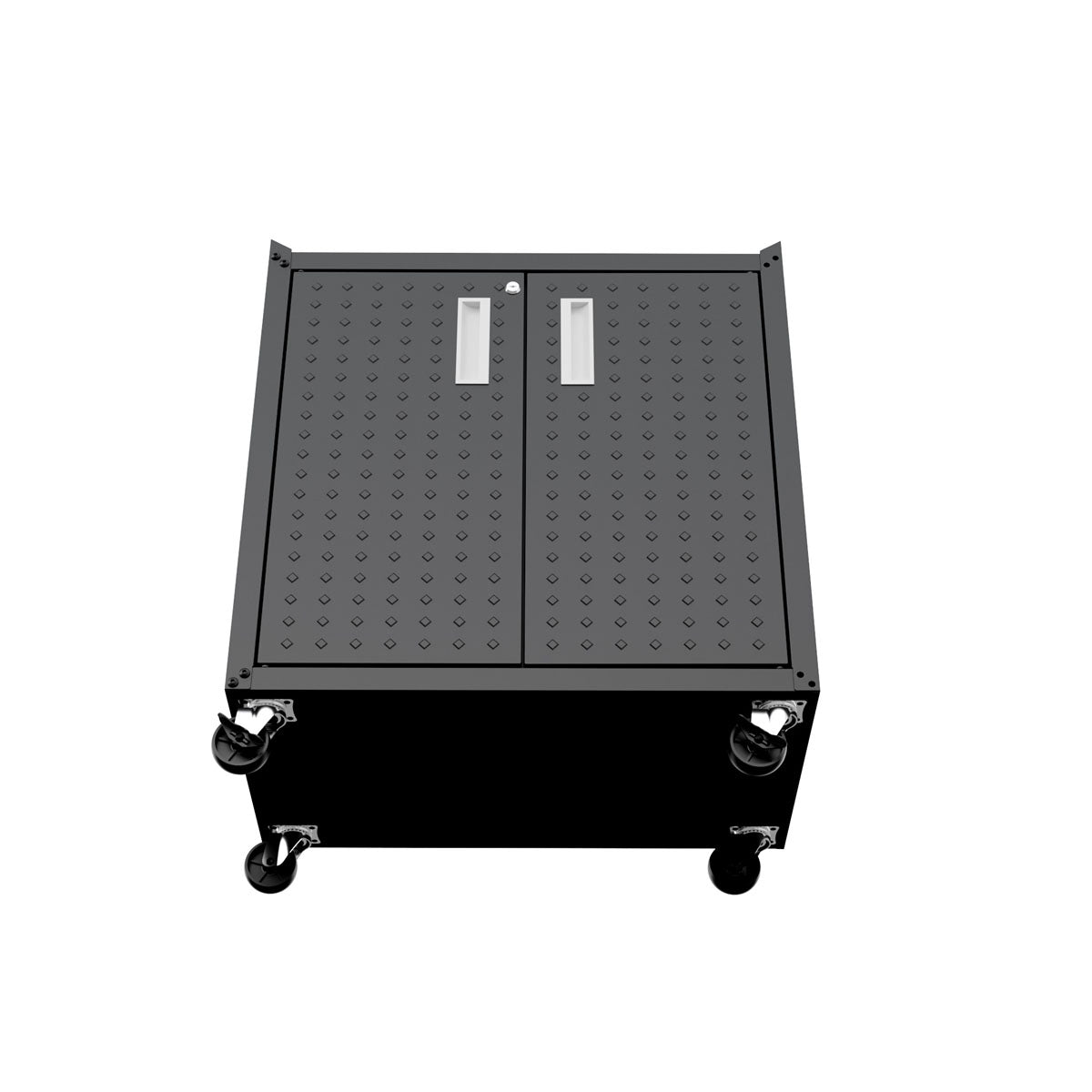 MidHeight Cabinet rolling garage storage unit with diamond-plate double doors, two handles, lock, and four heavy-duty casters__CharcoalGray