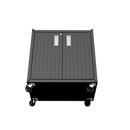 MidHeight Cabinet rolling garage storage unit with diamond-plate double doors, two handles, lock, and four heavy-duty casters__CharcoalGray