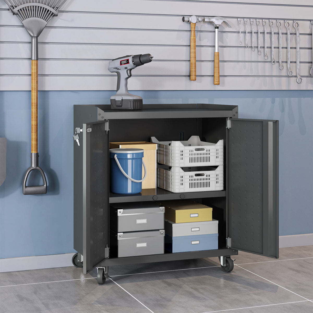MidHeight Cabinet with open doors revealing shelves holding storage boxes, crates, and a bucket on casters in a garage__CharcoalGray