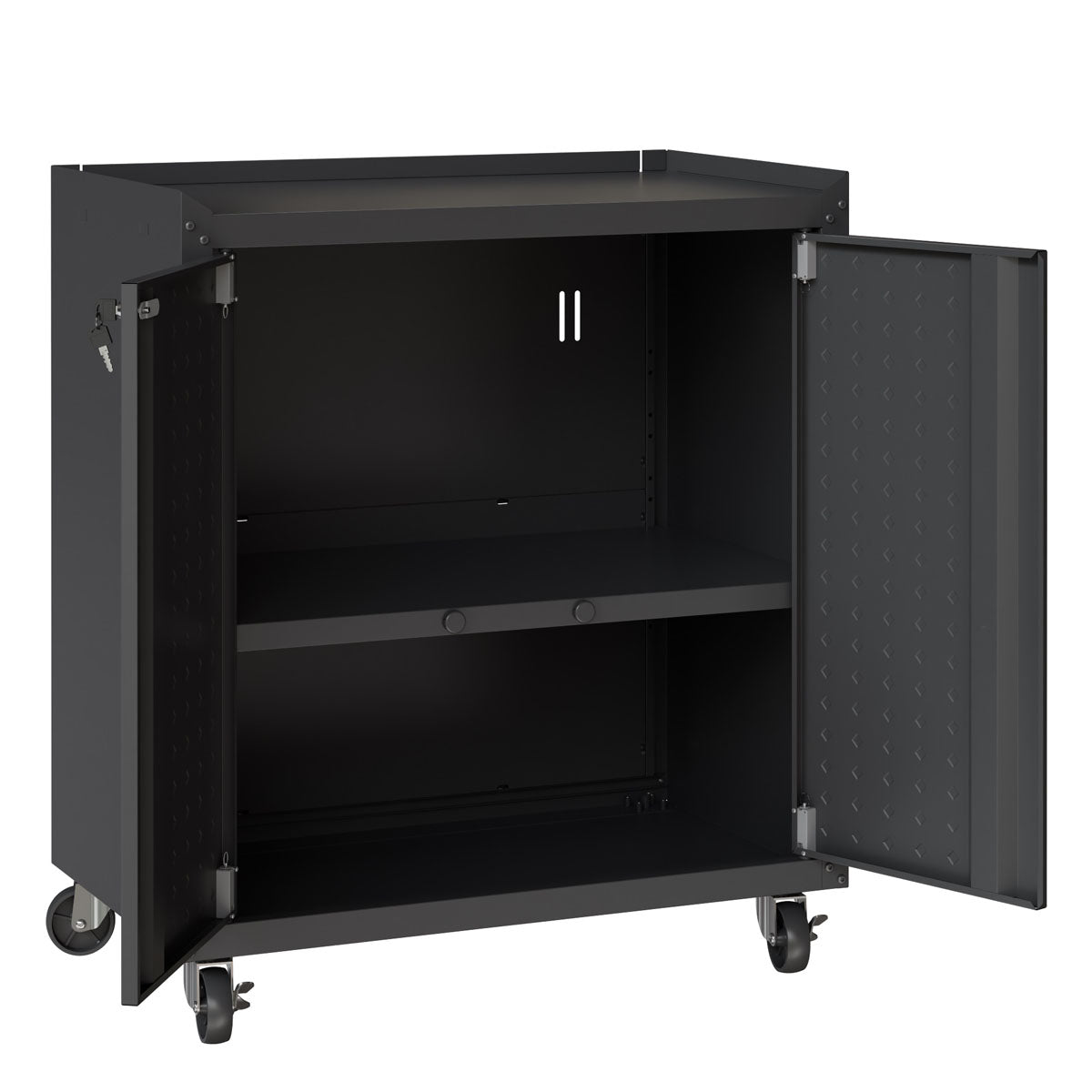 MidHeight Cabinet on wheels with open double doors revealing 2 adjustable shelves, diamond-plate interior, black steel finish__CharcoalGray