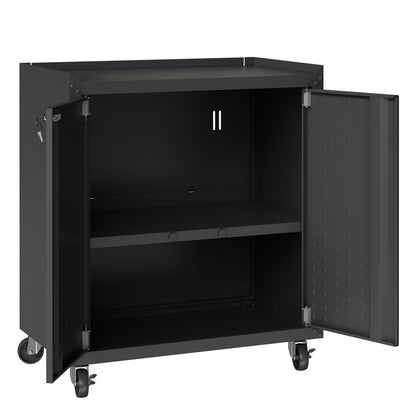 MidHeight Cabinet on wheels with open double doors revealing 2 adjustable shelves, diamond-plate interior, black steel finish__CharcoalGray