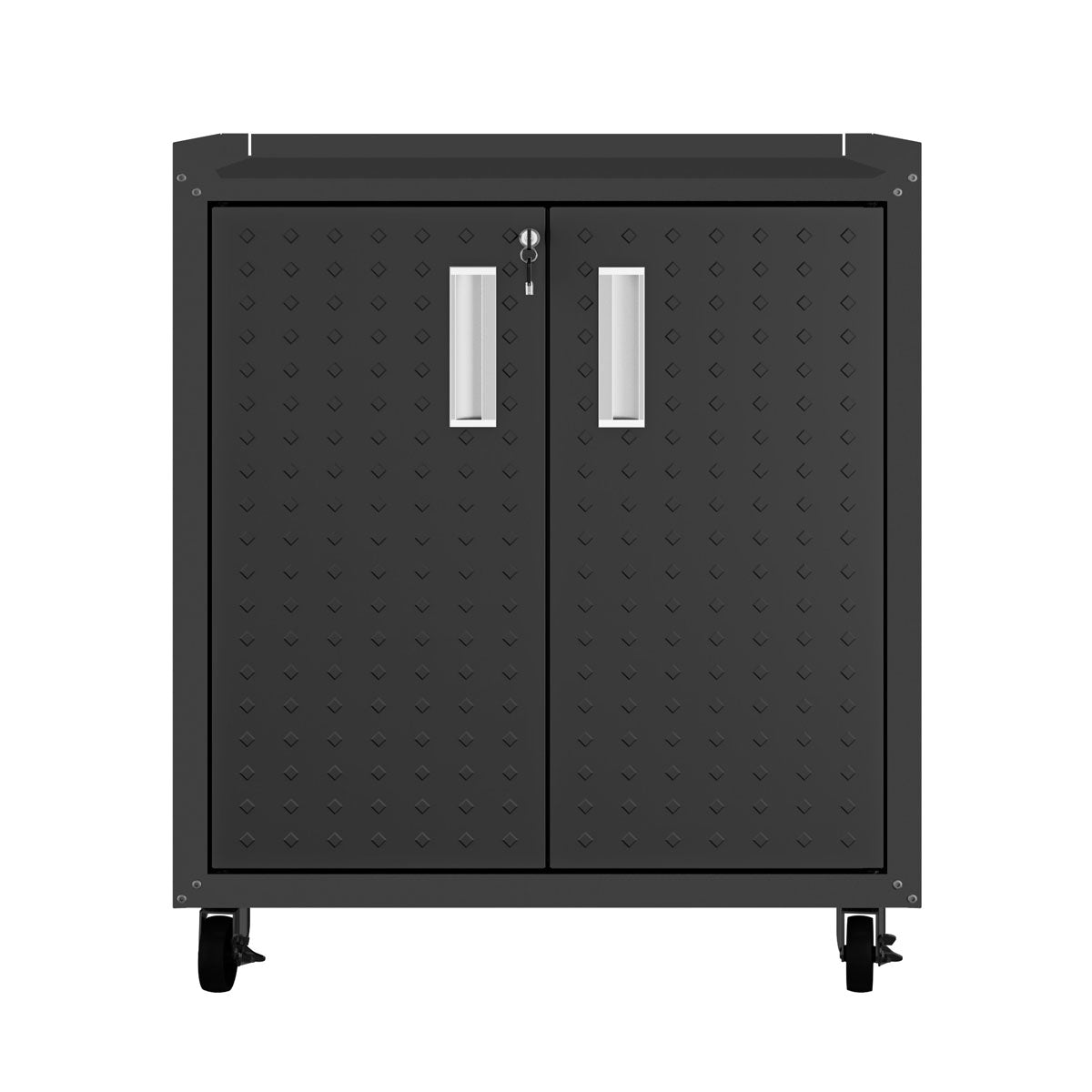 MidHeight Cabinet rolling garage storage unit with diamond-plate doors, silver handles, key lock, and caster wheels__CharcoalGray