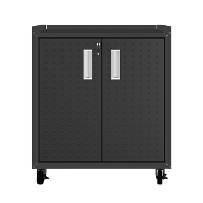 MidHeight Cabinet rolling garage storage unit with diamond-plate doors, silver handles, key lock, and caster wheels__CharcoalGray