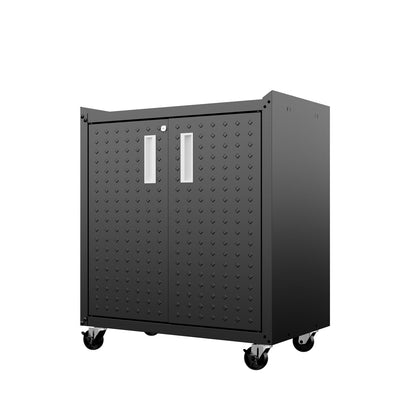 MidHeight Cabinet on wheels with diamond-plate double doors, silver handles, and lock - 30" rolling garage storage solution__CharcoalGray