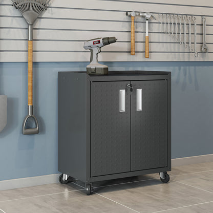 MidHeight Cabinet on wheels in dark gray with diamond-plate doors, drill on top, garage wall tools in background__CharcoalGray