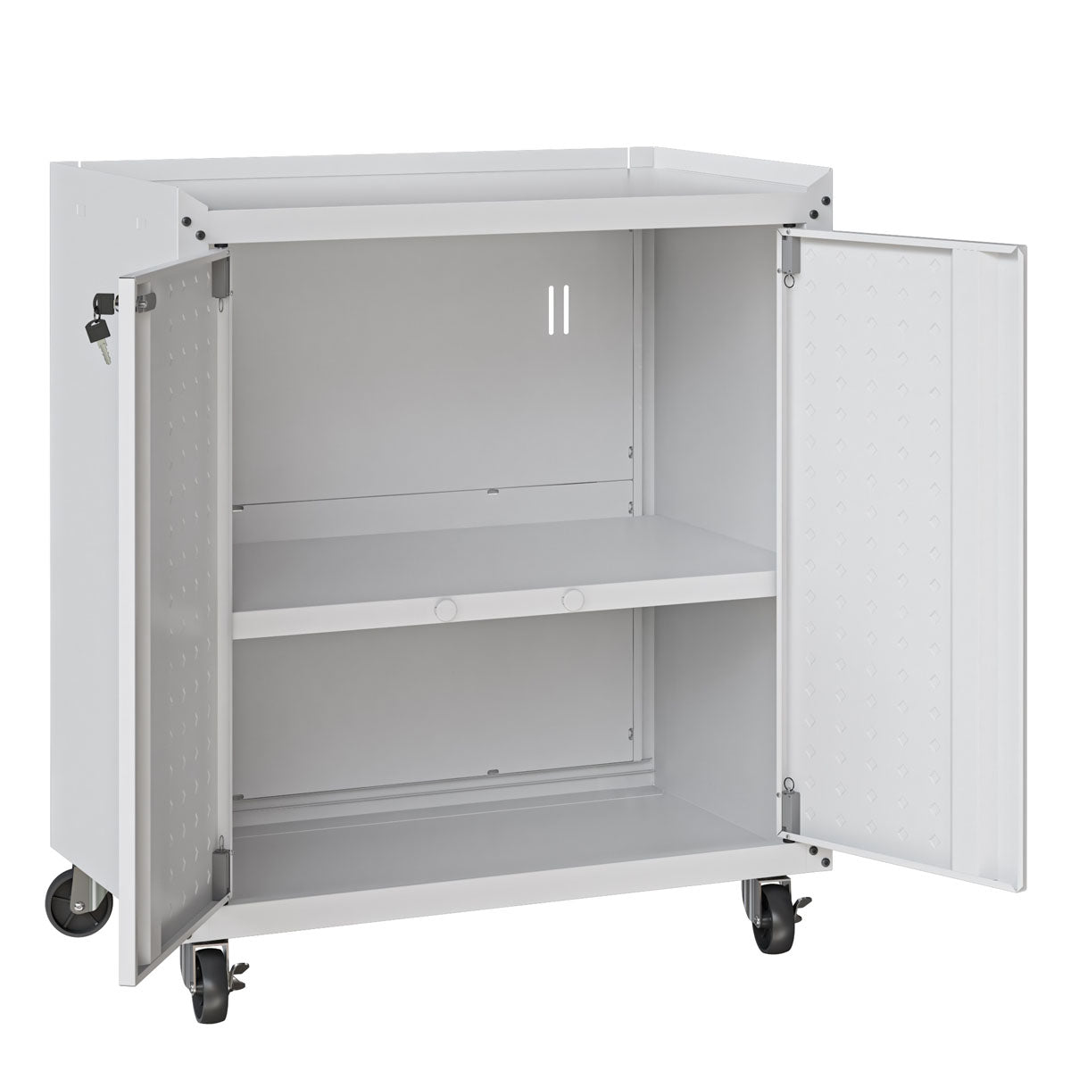MidHeight Cabinets rolling garage storage unit with open double doors revealing 2 adjustable shelves on locking casters__White