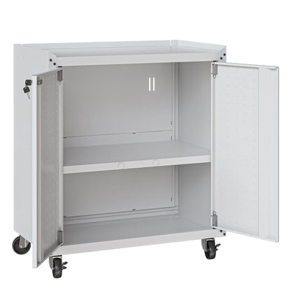 MidHeight Cabinets rolling garage storage unit with open double doors revealing 2 adjustable shelves on locking casters__White
