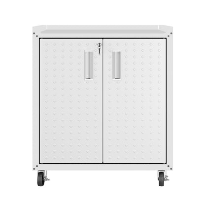 MidHeight Cabinet white rolling garage storage unit with diamond-plate doors, locking handles, and heavy-duty casters__White