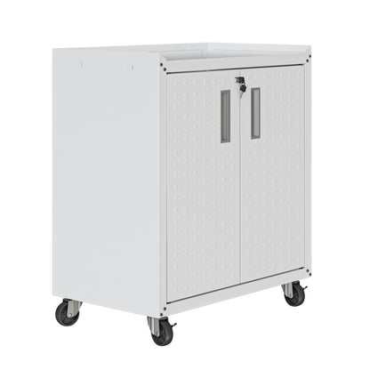 MidHeight Cabinets white rolling garage storage unit with diamond-plate doors, lock, handles, and heavy-duty casters__White