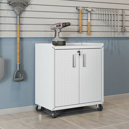 MidHeight Cabinet on wheels with diamond-plate doors, lock, and drill on top, organized in a white garage workshop setting__White