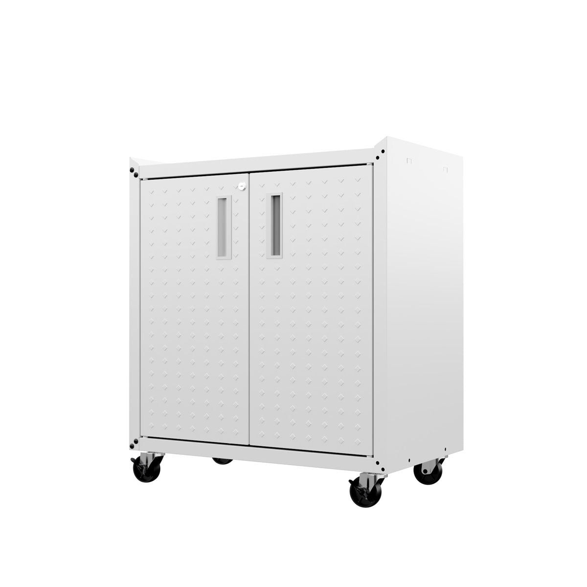 MidHeight Cabinet white rolling garage storage unit with diamond-plate doors, dual handles, lock, and heavy-duty caster wheels__White