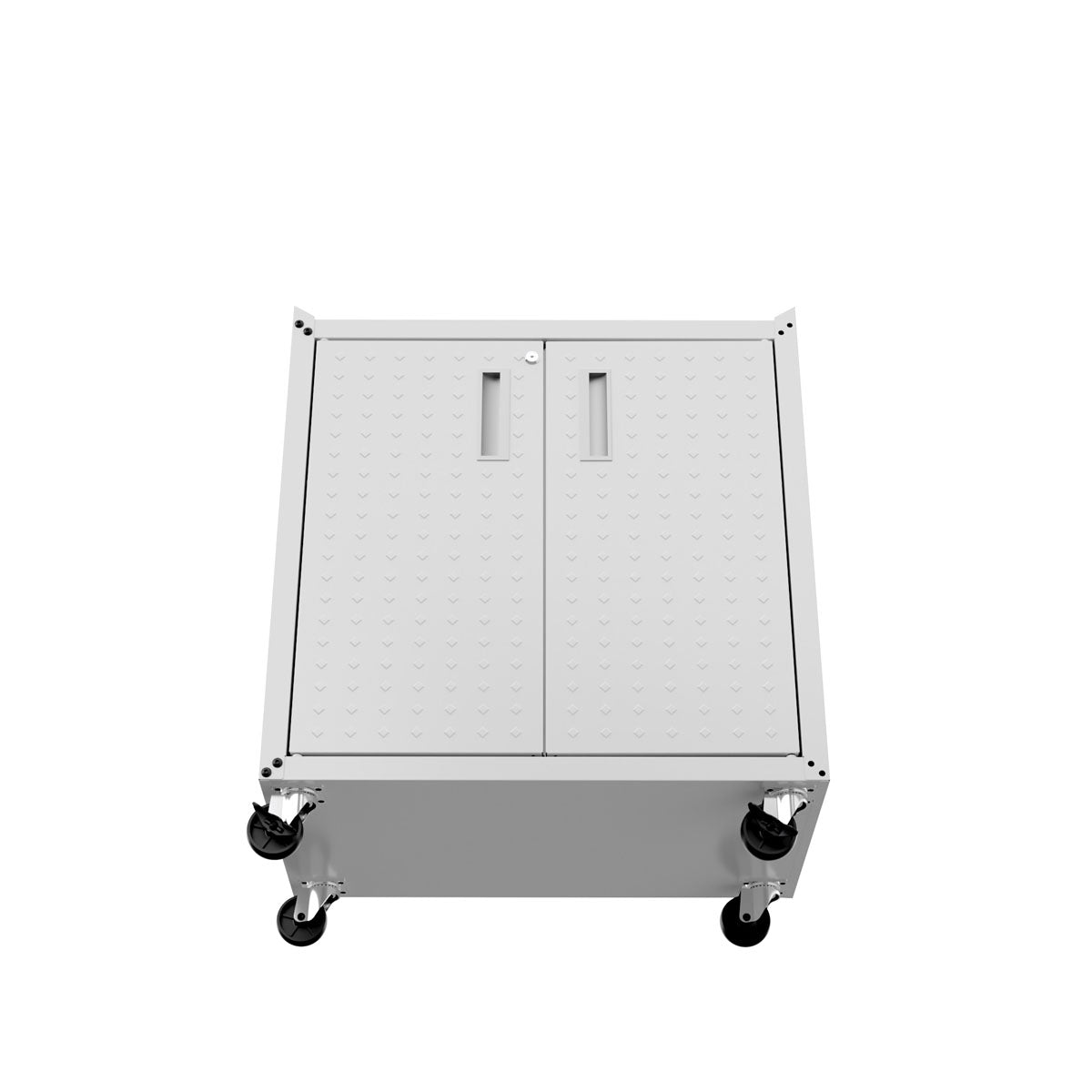 MidHeight Cabinets rolling garage storage unit with double doors, diamond plate texture, locking handle, and heavy-duty casters__White