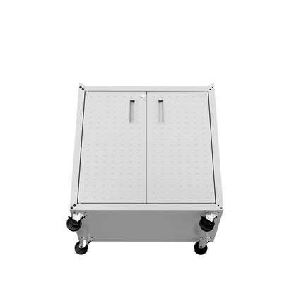 MidHeight Cabinets rolling garage storage unit with double doors, diamond plate texture, locking handle, and heavy-duty casters__White