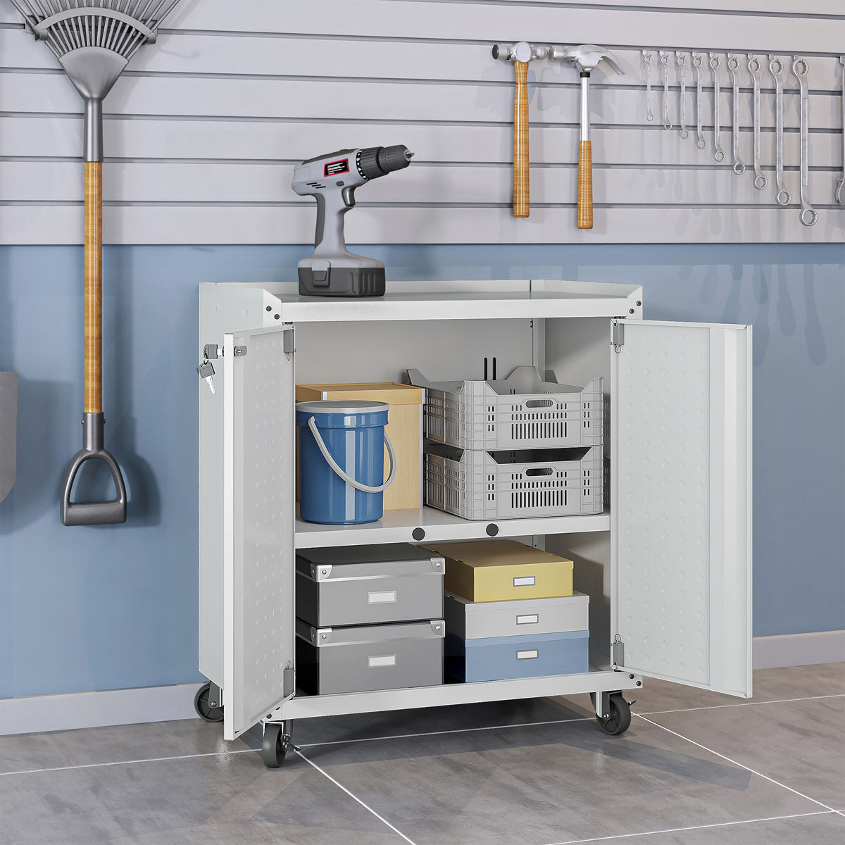 MidHeight Cabinet on wheels with open doors revealing organized shelves, storage boxes, crates, and a drill on top__White
