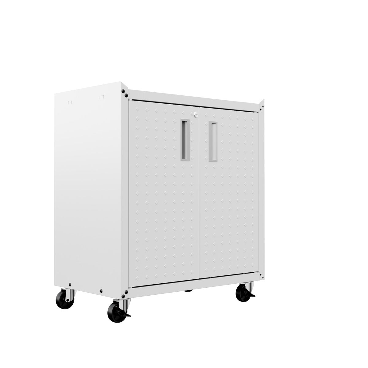 MidHeight Cabinets white rolling garage storage unit with diamond-plate doors, dual handles, lock, and heavy-duty casters__White