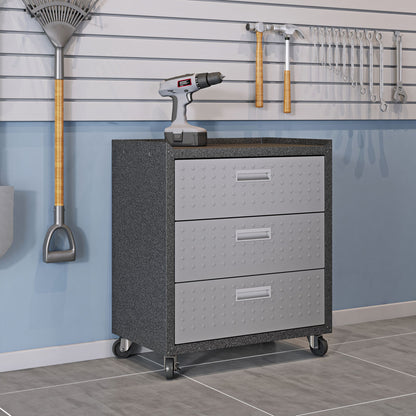 Garage Cabinet Sets rolling 3-drawer unit with diamond-plate front on casters, drill on top, tools on slatwall behind__DarkGray