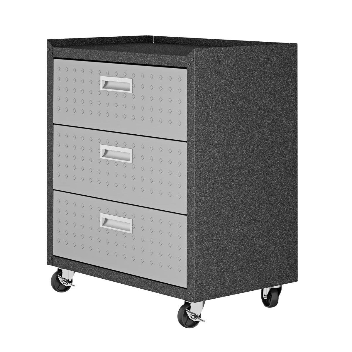 Garage Cabinet Sets 3-drawer rolling chest in charcoal and silver with diamond plate front and heavy-duty casters__DarkGray