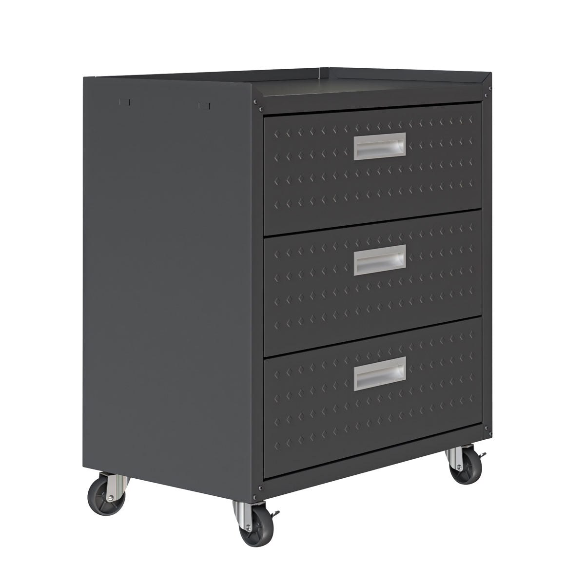 MidHeight Cabinets rolling garage storage unit with 3 drawers, diamond-plate texture, silver handles, on heavy-duty casters__CharcoalGray
