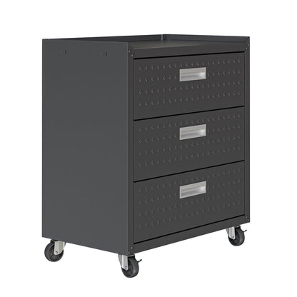 MidHeight Cabinets rolling garage storage unit with 3 drawers, diamond-plate texture, silver handles, on heavy-duty casters__CharcoalGray