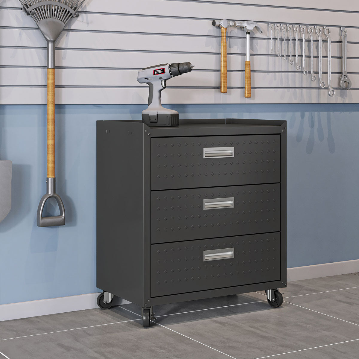 MidHeight Cabinet with 3 drawers on wheels, diamond-plate steel, in a organized garage with tools on slatwall__DarkGray