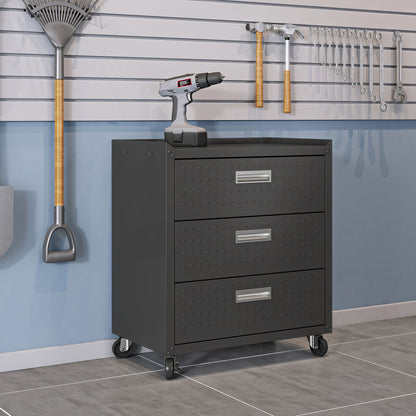 MidHeight Cabinet with 3 drawers on wheels, diamond-plate steel, in a organized garage with tools on slatwall__DarkGray