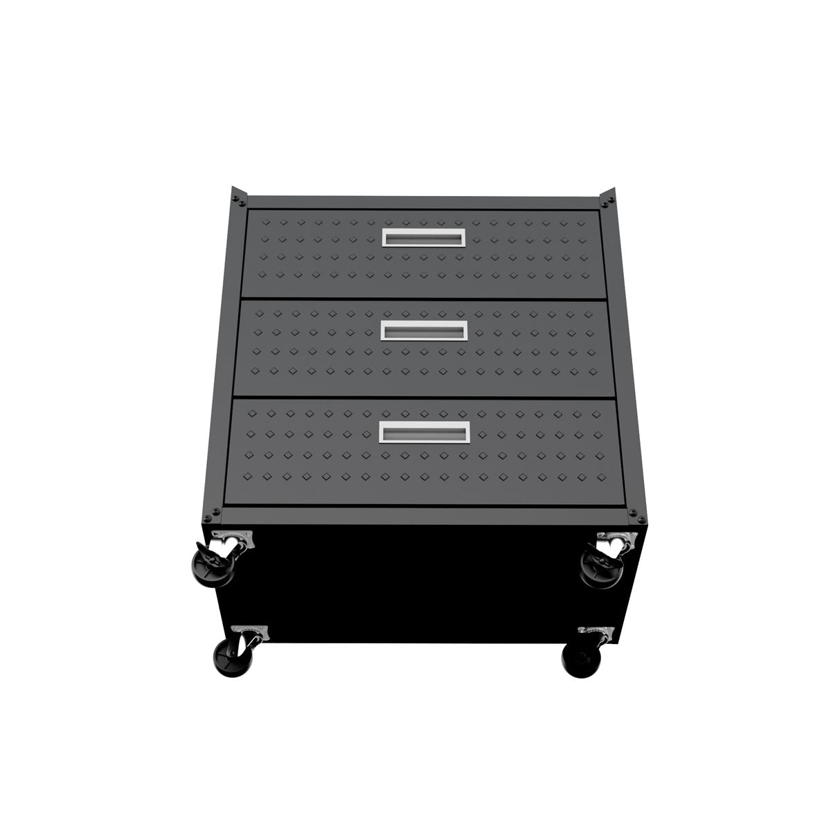 MidHeight Cabinets rolling garage storage unit with 3 textured drawers, silver handles, and 4 locking casters__CharcoalGray