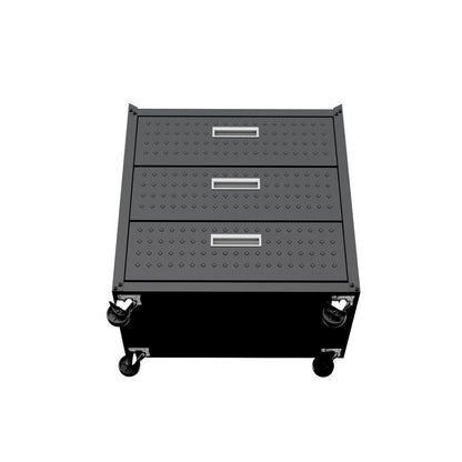 MidHeight Cabinets rolling garage storage unit with 3 textured drawers, silver handles, and 4 locking casters__CharcoalGray