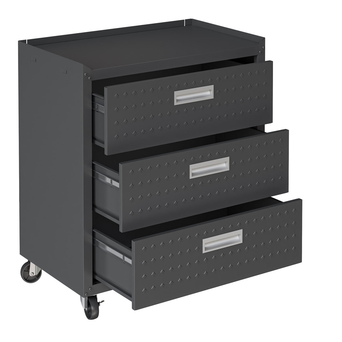 Garage Cabinet Sets rolling drawer unit with 3 open diamond-plate steel drawers and locking caster wheels__CharcoalGray