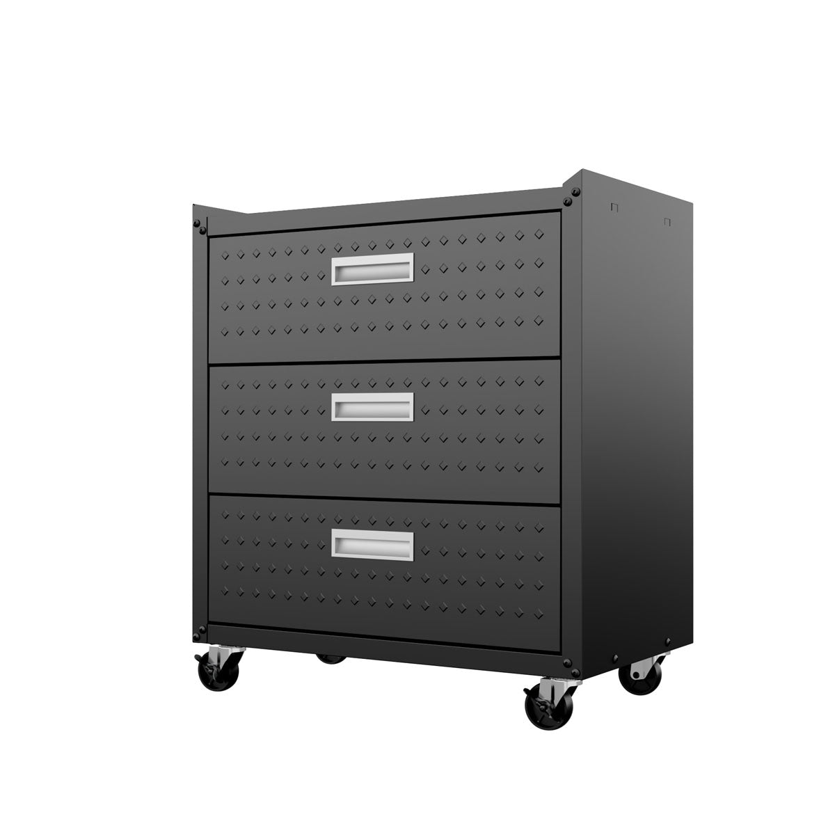 Garage Cabinet Sets rolling drawer unit with 3 drawers, diamond-plate texture, silver handles, and heavy-duty caster wheels__CharcoalGray
