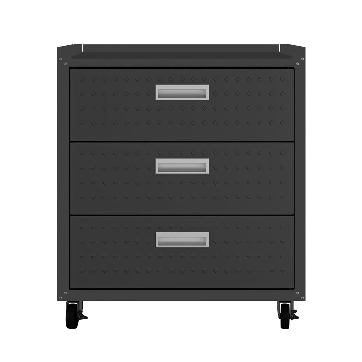 Garage Cabinet Sets mobile drawer unit with 3 diamond-plate drawers, silver handles, and locking casters for workshop storage__CharcoalGray