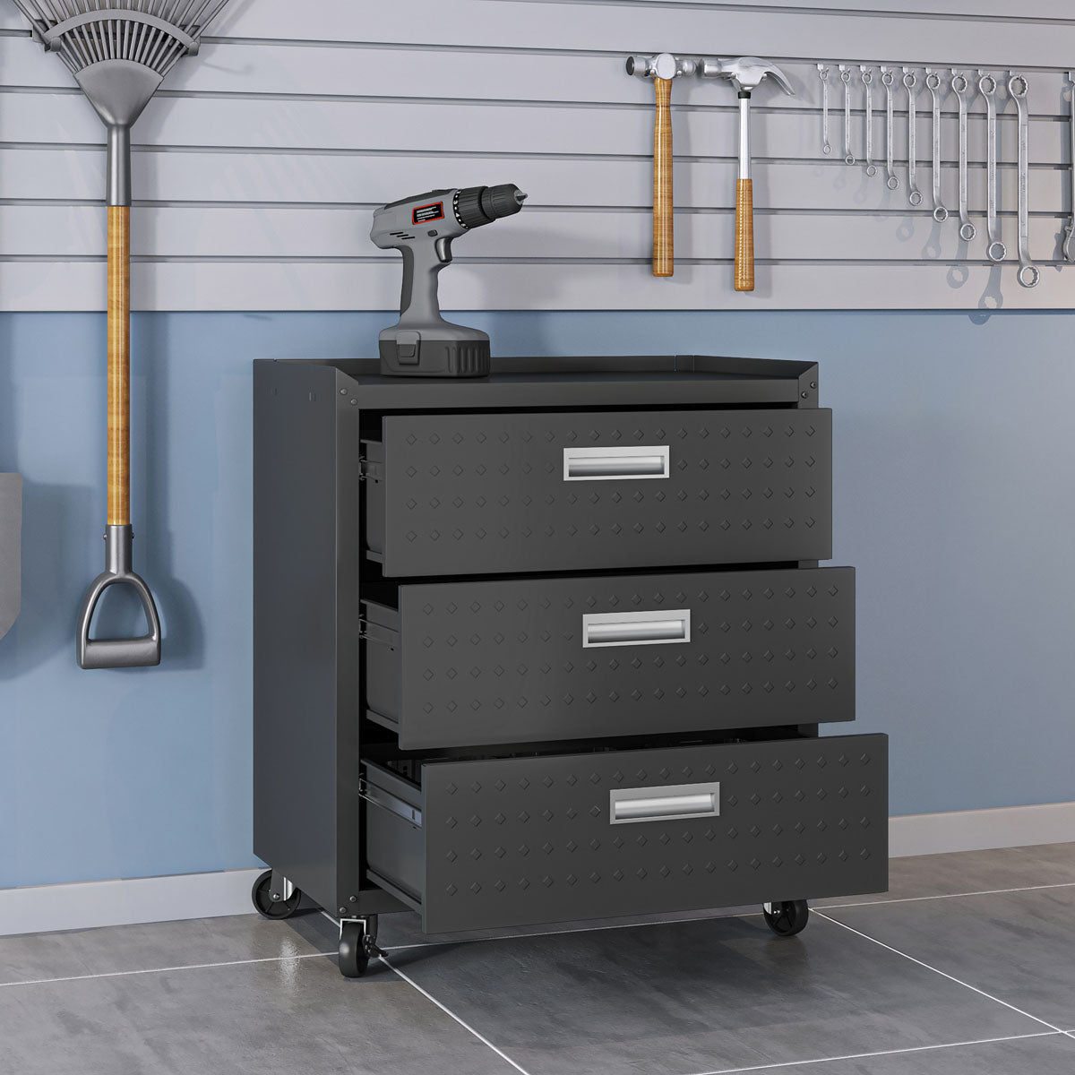 Garage Cabinet Sets rolling drawer unit with 3 open drawers, diamond-plate texture, casters, and drill on top in organized garage__CharcoalGray