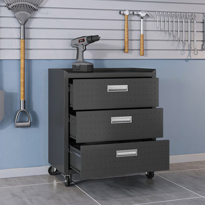 Garage Cabinet Sets rolling drawer unit with 3 open drawers, diamond-plate texture, casters, and drill on top in organized garage__CharcoalGray