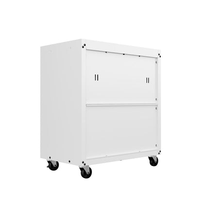 Garage Cabinet Sets white mobile storage unit with upper doors, bottom drawer, and heavy-duty casters for easy mobility__White
