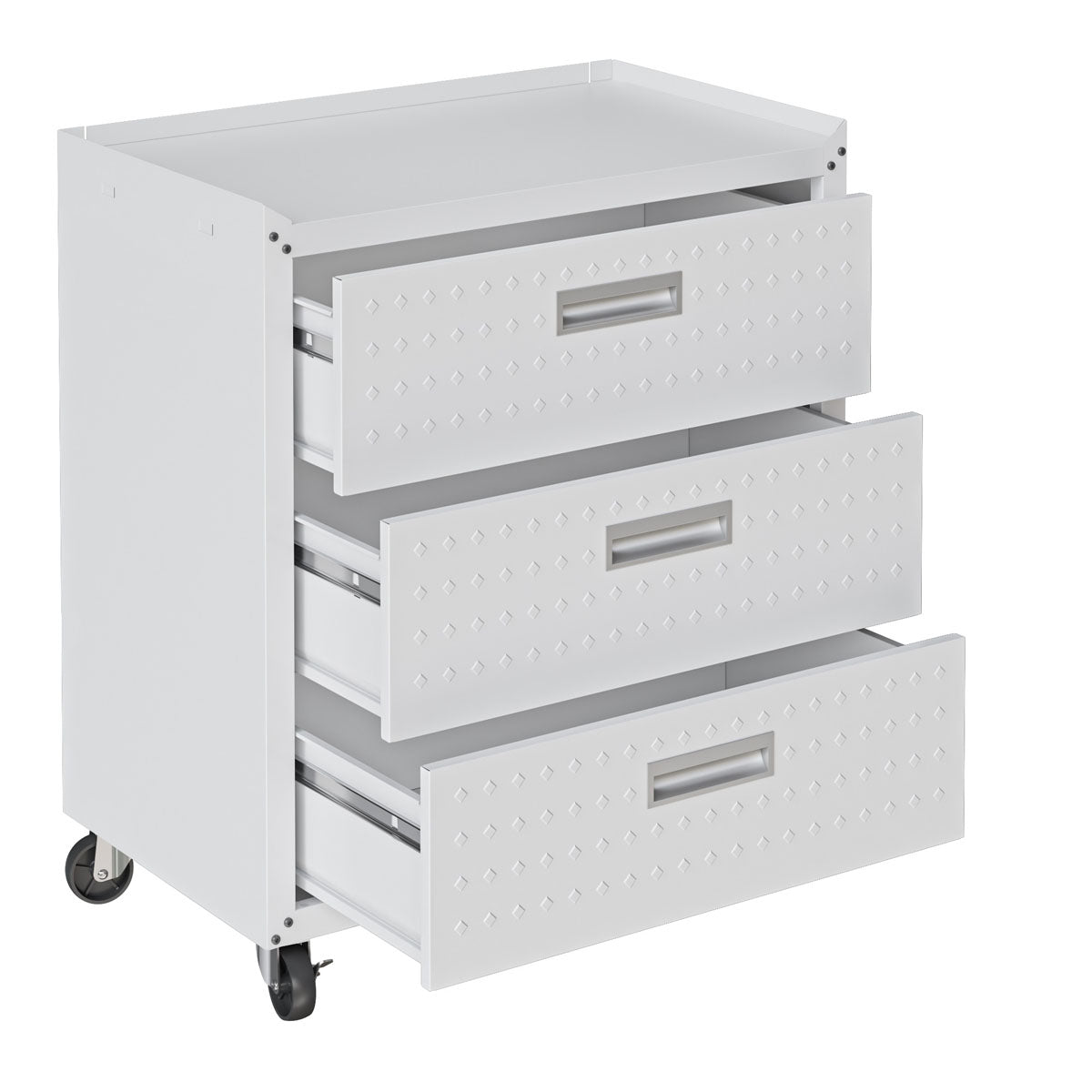 Garage Cabinet Sets white rolling 3-drawer unit with diamond-plate fronts, metal handles, and locking caster wheels__White