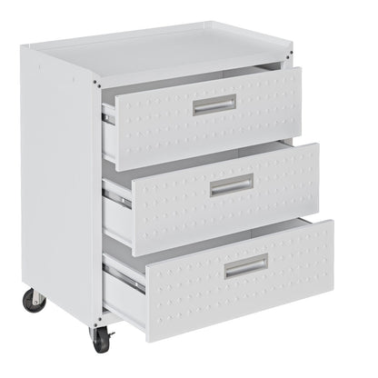 Garage Cabinet Sets white rolling 3-drawer unit with diamond-plate fronts, metal handles, and locking caster wheels__White