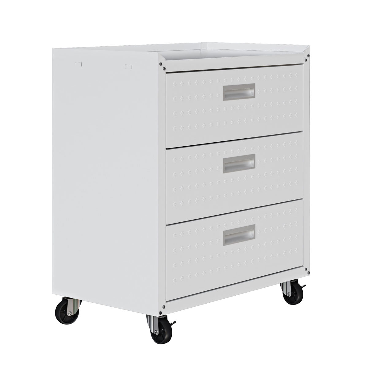 MidHeight Cabinet with 3 drawers on wheels, white steel rolling garage storage unit with diamond-plate texture and caster wheels__White