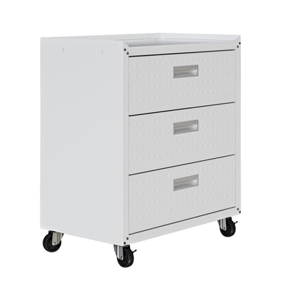 MidHeight Cabinet with 3 drawers on wheels, white steel rolling garage storage unit with diamond-plate texture and caster wheels__White