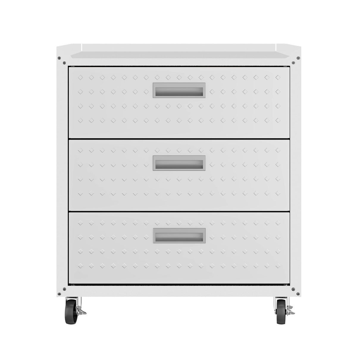 Garage Cabinet Sets white 3-drawer rolling chest with diamond-plate texture, metal handles, and locking caster wheels__White
