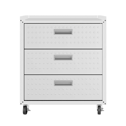 Garage Cabinet Sets white 3-drawer rolling chest with diamond-plate texture, metal handles, and locking caster wheels__White