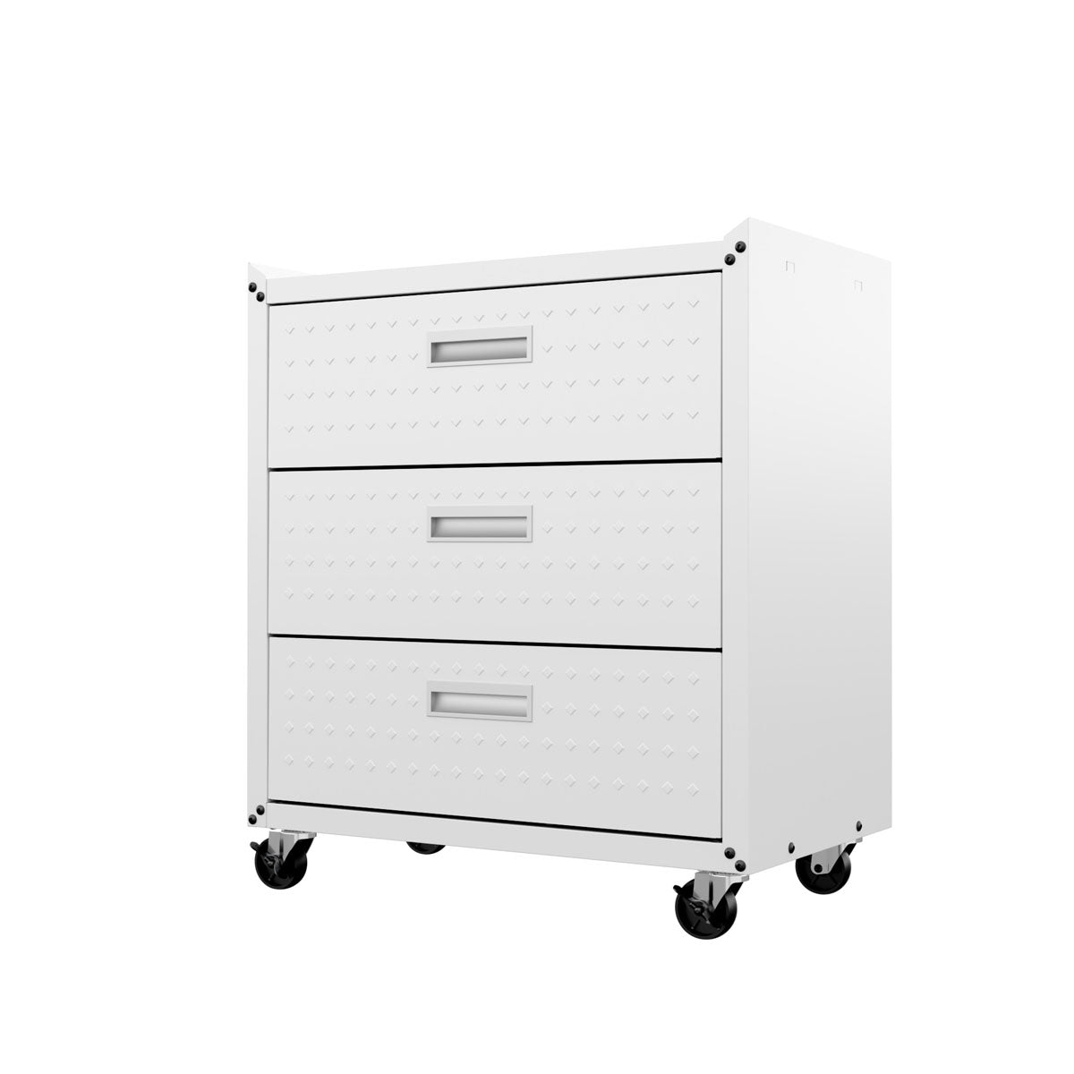 Garage Cabinet Sets white 3-drawer rolling steel unit with diamond-plate texture, caster wheels, and recessed handles__White